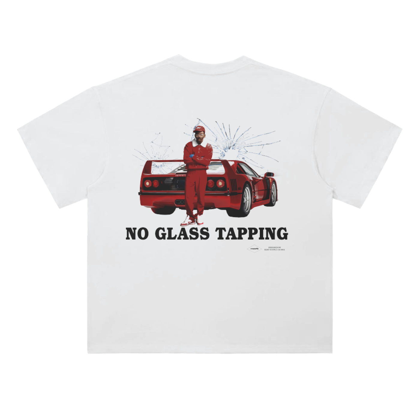 Black graphic tee showing a man in red tracksuit and sneakers standing in front of a red Ferrari F40, with shattered glass visuals behind him.