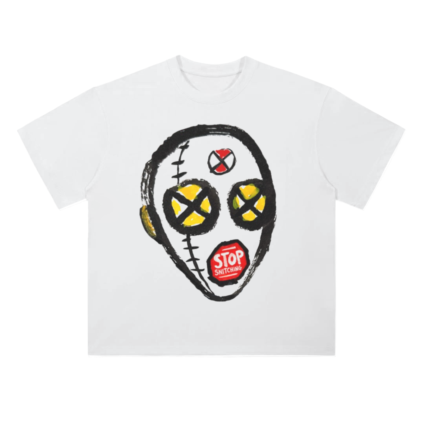 Black oversized drop shoulder T-shirt featuring a bold illustrated stitched mask graphic with X-shaped eyes and a red “Stop Snitching” detail on the mouth, inspired by A$AP Rocky album art visuals.