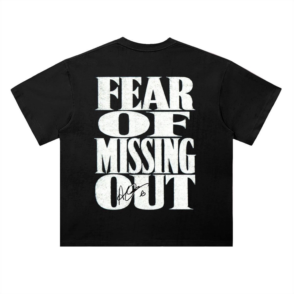Black heavyweight cotton T-shirt featuring a minimalist "FOMO" chest graphic on the front and a bold oversized "Fear Of Missing Out" typography design across the back, inspired by modern hip-hop streetwear aesthetics.
