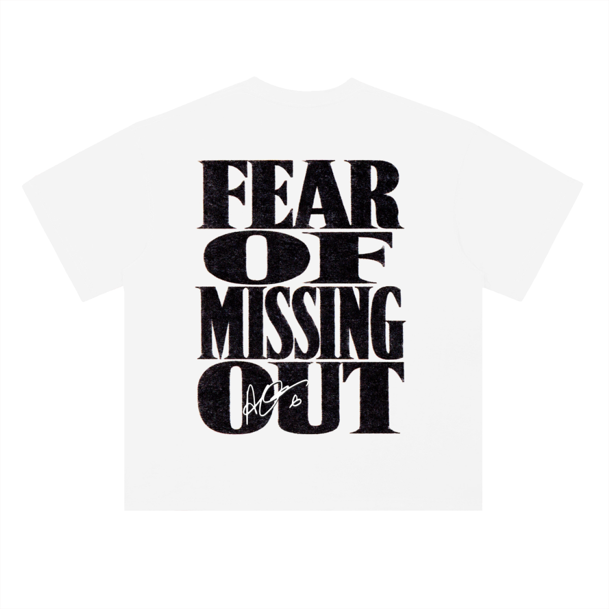 White heavyweight cotton T-shirt featuring a minimalist "FOMO" chest graphic on the front and a bold oversized "Fear Of Missing Out" typography design across the back, inspired by modern hip-hop streetwear aesthetics.