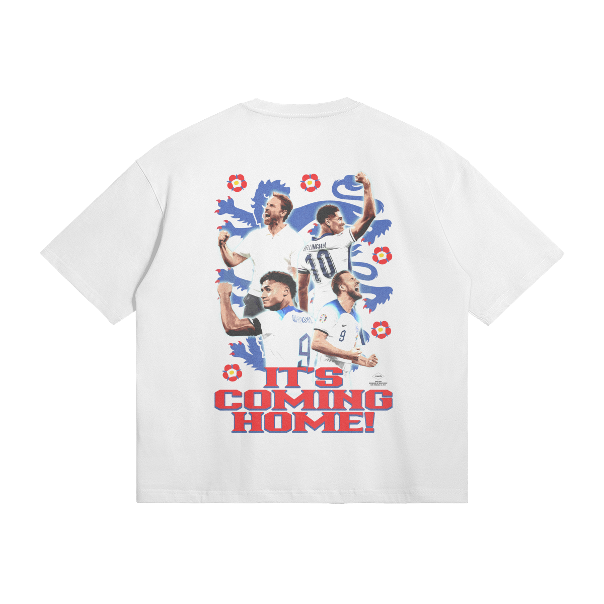 A white oversized t-shirt featuring a collage design on the back. The design includes four England football players celebrating with a stylized lion graphic in the background and text that reads "It's Coming Home!" in bold red letters