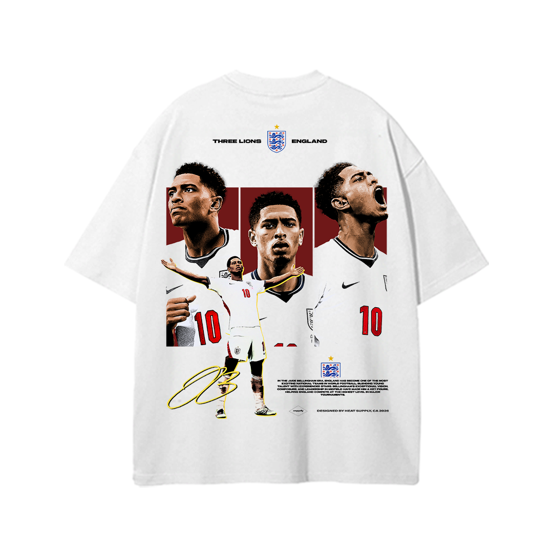 White heavyweight cotton standard fit T-shirt featuring a large back graphic of Jude Bellingham in multiple expressions and action poses wearing the England national team kit, with "THREE LIONS • ENGLAND" text, England crest-inspired graphics, and signature-style artwork. Vintage-inspired football streetwear design for Three Lions fans.