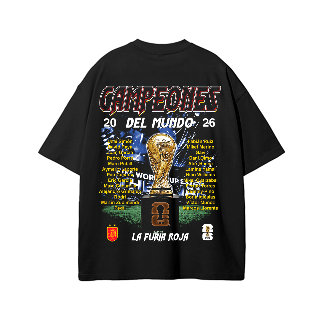 Black heavyweight cotton standard fit T-shirt featuring a commemorative "Campeones del Mundo 2026" back graphic with a large championship trophy, Spain national team roster, stadium-inspired background, and La Furia Roja branding. Premium football streetwear celebrating Spain's championship victory.