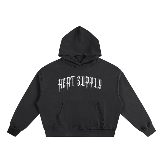 Black Oversized Boxy Hoodie with Heat Supply in grungy letters on the front