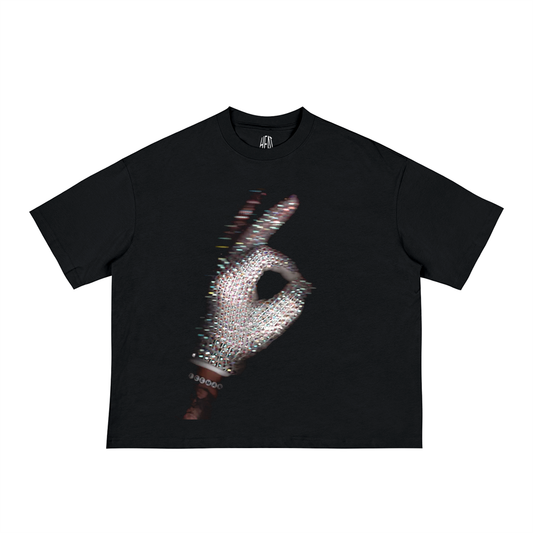 Black oversized loose-fit cotton T-shirt featuring a rhinestone-covered glove forming an “OK” hand gesture with a subtle glitch effect, inspired by Drake’s “Ice Man” aesthetic.