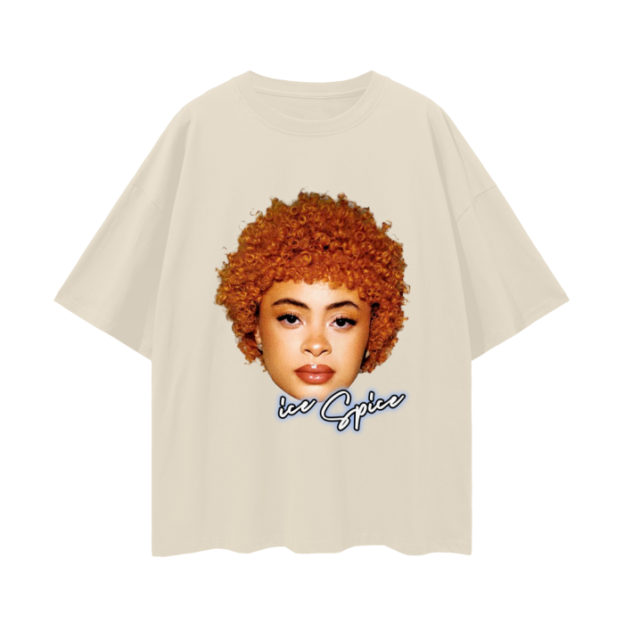 An Oat Grey oversized t-shirt featuring a high-quality graphic of Ice Spice’s face prominently displayed on the front. The graphic shows her with her signature curly orange hair and a neutral expression. Below her face, the text "ice Spice" is written in a stylish, cursive font in blue with a white outline. The overall design is minimalist, focusing on the central portrait and text
