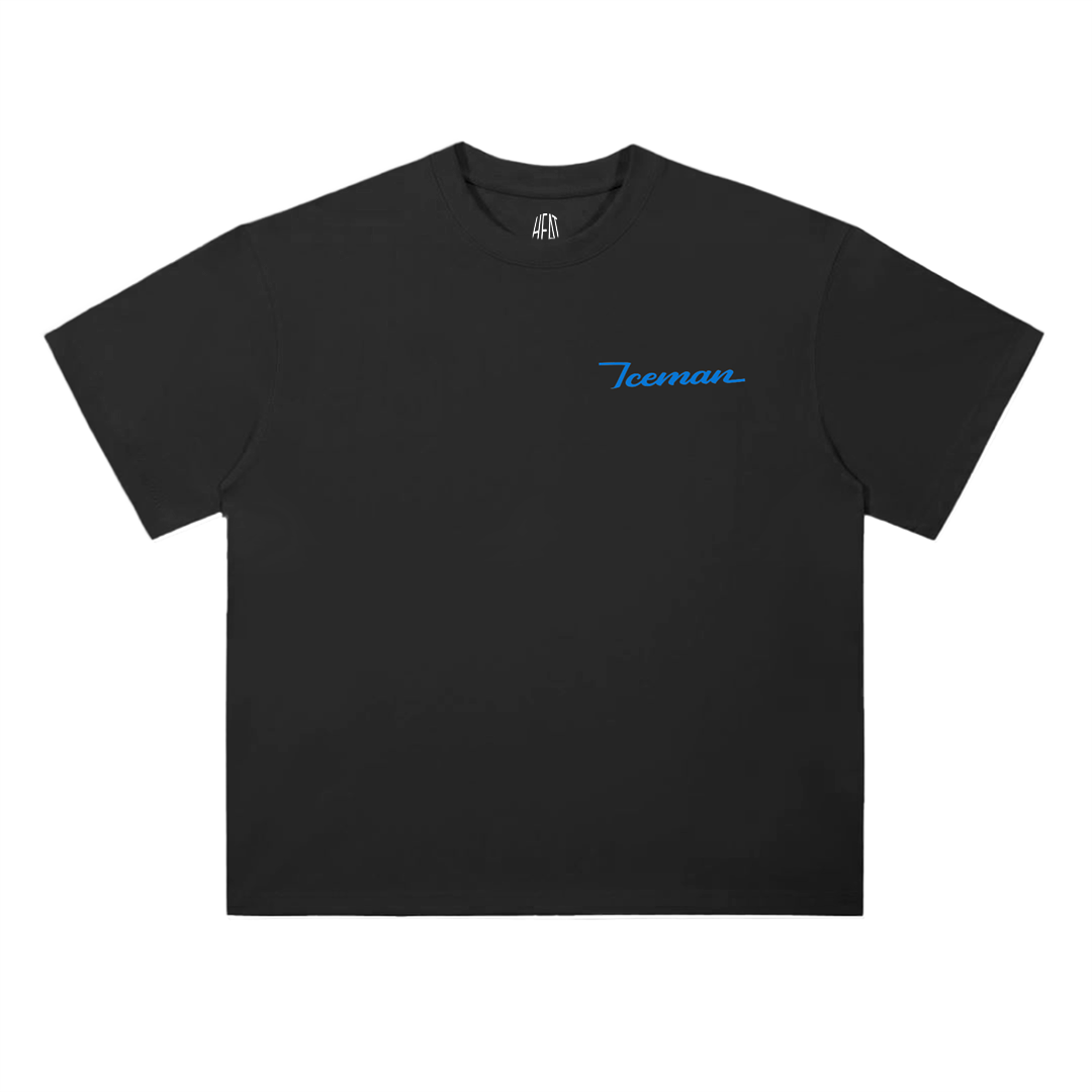 Black oversized drop-shoulder T-shirt featuring a small “Iceman” script on the front