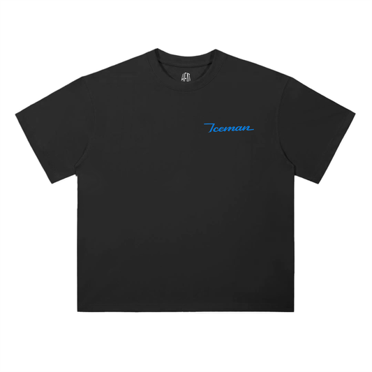 Black oversized drop-shoulder T-shirt featuring a small “Iceman” script on the front