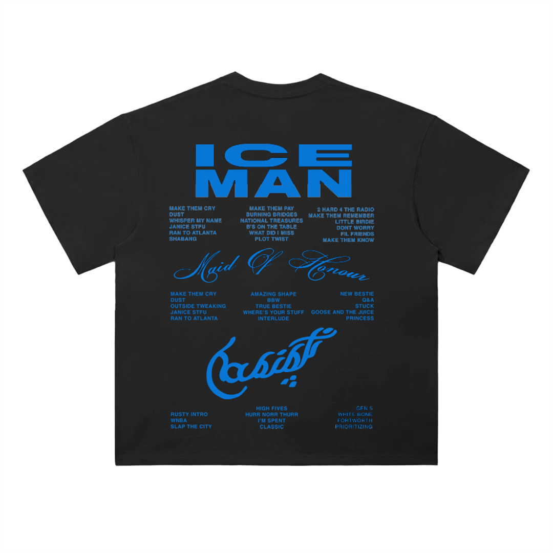 Black oversized drop-shoulder T-shirt featuring a small “Iceman” script on the front and a large blue “ICEMAN” back graphic with tracklist-style text and signature details, inspired by Drake merch aesthetics.