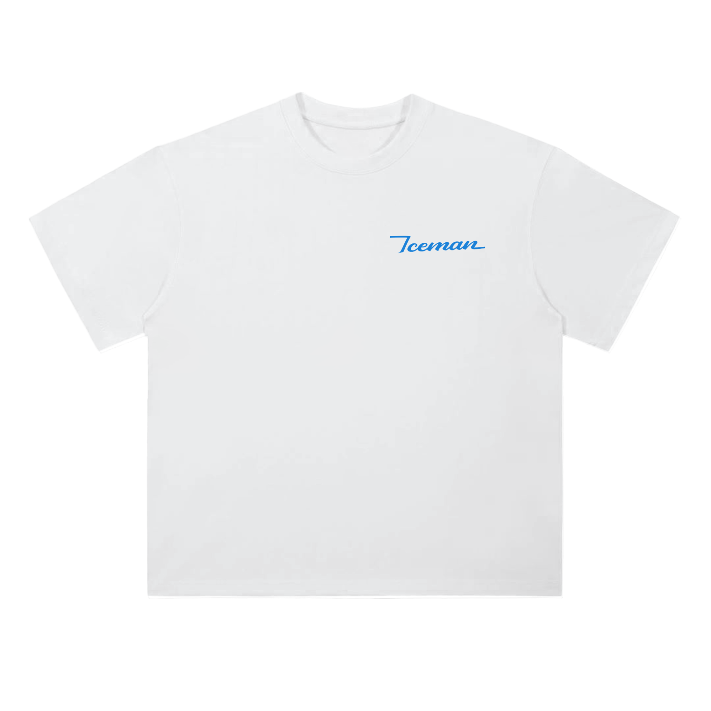 White tee with Iceman on the front pocket