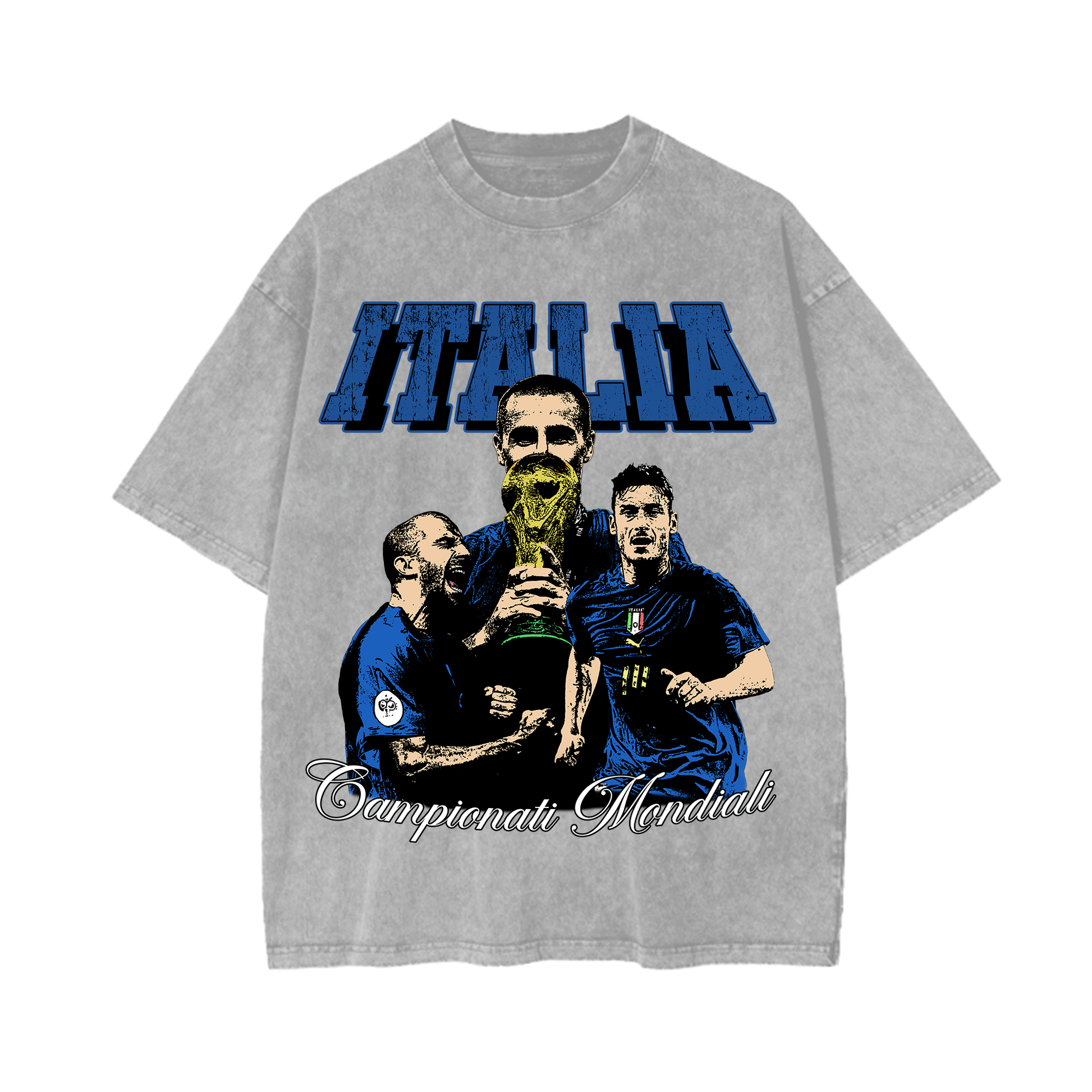 A vintage-style black acid wash T-shirt featuring the 2006 World Cup Champions of Italy. The design showcases three Italian players holding the World Cup trophy with "Italia" written in bold blue letters across the top. The distressed wash and oversized fit give the shirt a retro, streetwear vibe.