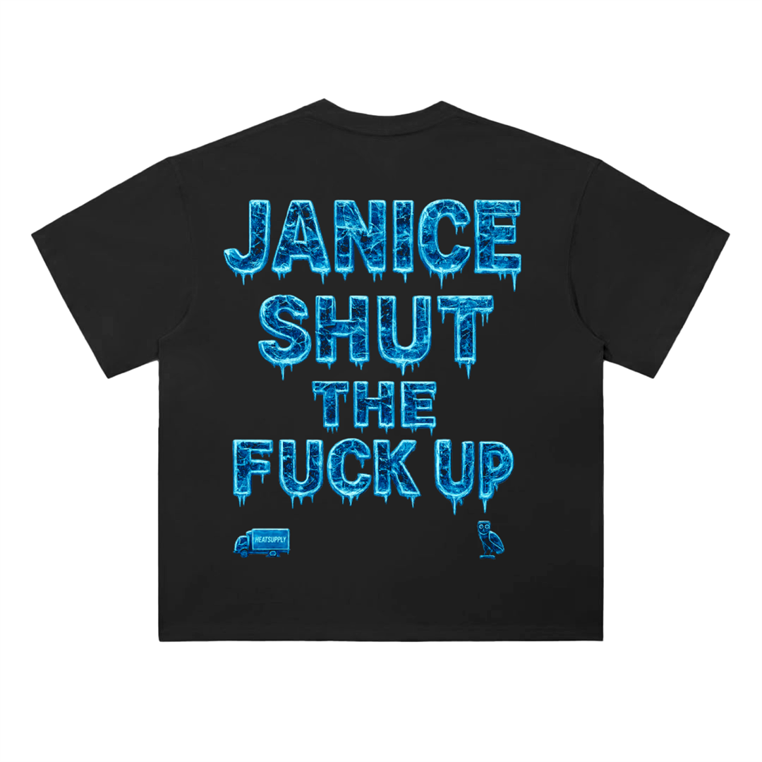 Black oversized heavyweight drop-shoulder T-shirt featuring a blue “Iceman” script logo on the front and a large icy blue back graphic reading “JANICE SHUT THE FUCK UP” with frozen-style typography, plus small owl and truck graphics near the bottom.