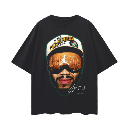  A black oversized t-shirt featuring a large graphic of NBA player Jayson Tatum wearing a Boston Celtics NBA Champions cap and reflective sunglasses with the word "CHAMP" across the lenses. The design highlights Tatum's smiling face in a stylized, bold manner. The shirt celebrates the 2023-2024 NBA Championship with Jayson Tatum's signature included on the front.