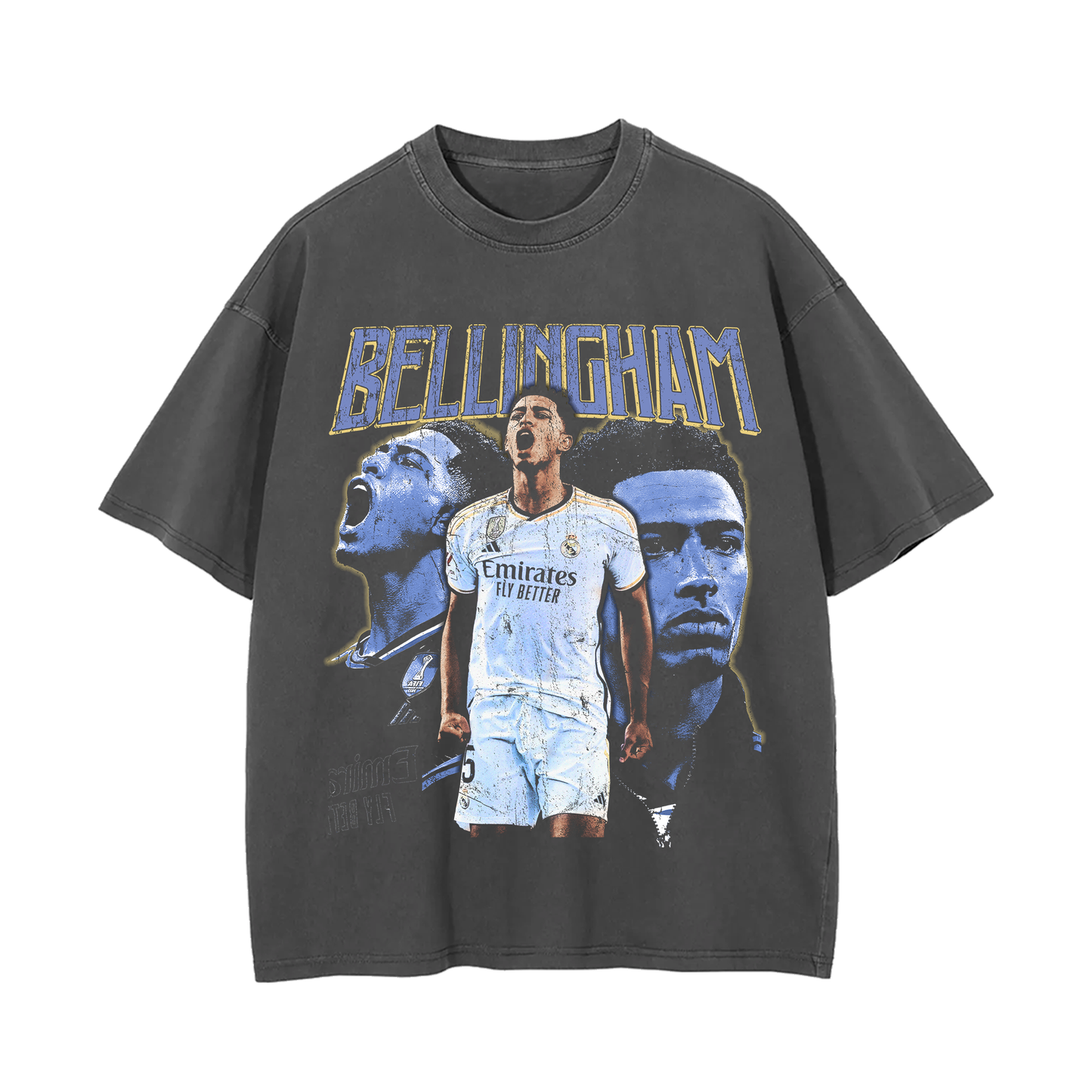 A vintage wash, oversized black tee featuring a bold graphic of Jude Bellingham, with three images of the soccer star in various poses, overlaid with his name in large, yellow and blue text. The shirt has a drop shoulder design and washed texture for a streetwear aesthetic.