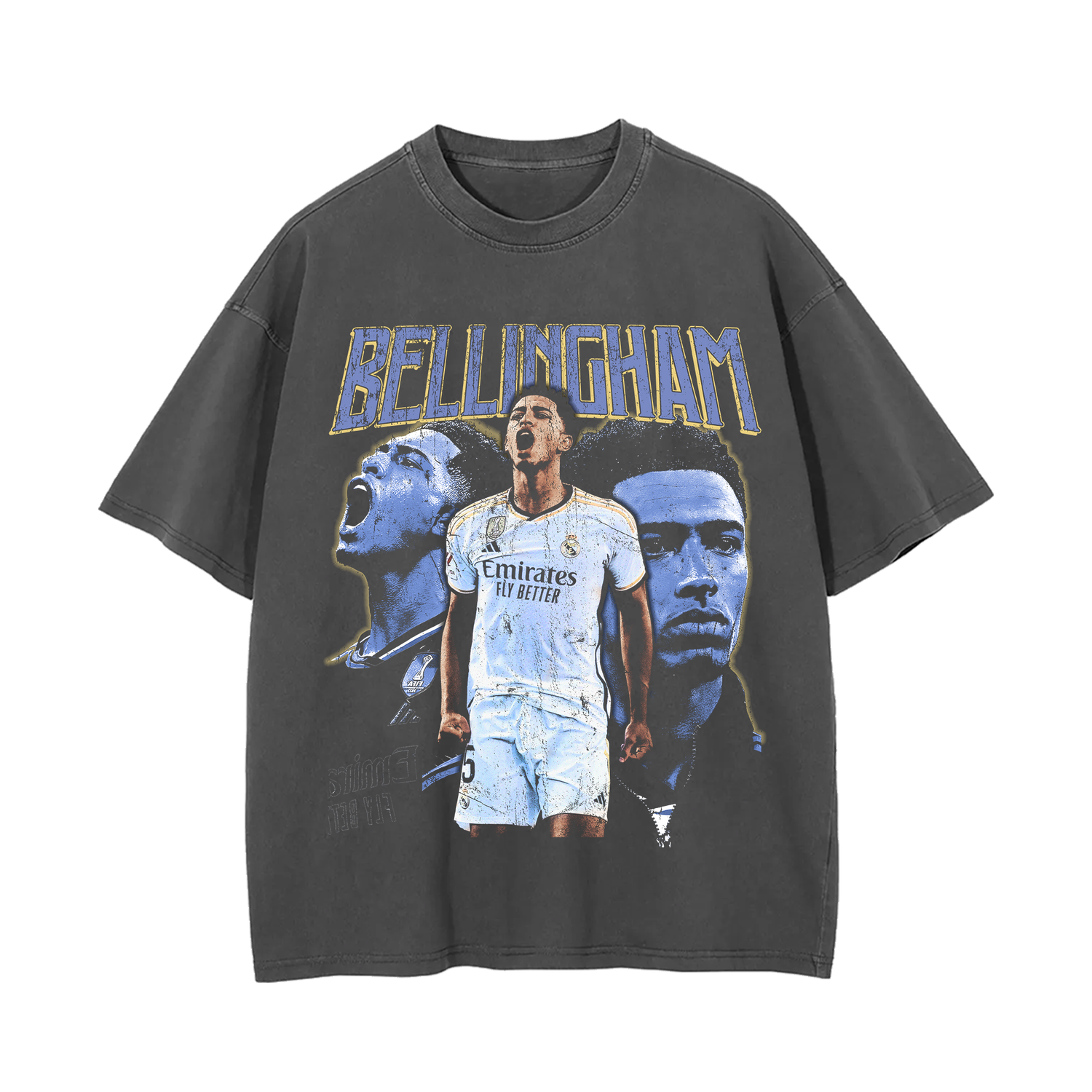 A vintage wash, oversized black tee featuring a bold graphic of Jude Bellingham, with three images of the soccer star in various poses, overlaid with his name in large, yellow and blue text. The shirt has a drop shoulder design and washed texture for a streetwear aesthetic.