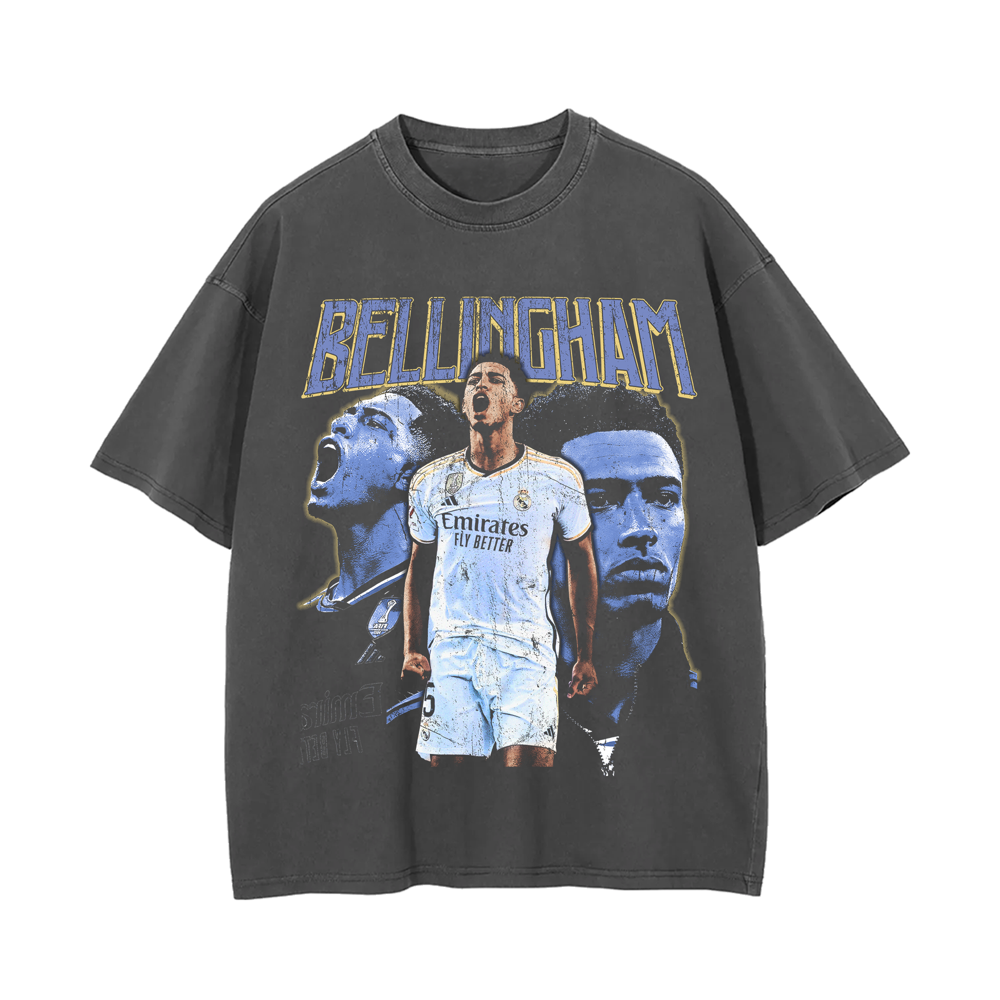 A vintage wash, oversized black tee featuring a bold graphic of Jude Bellingham, with three images of the soccer star in various poses, overlaid with his name in large, yellow and blue text. The shirt has a drop shoulder design and washed texture for a streetwear aesthetic.
