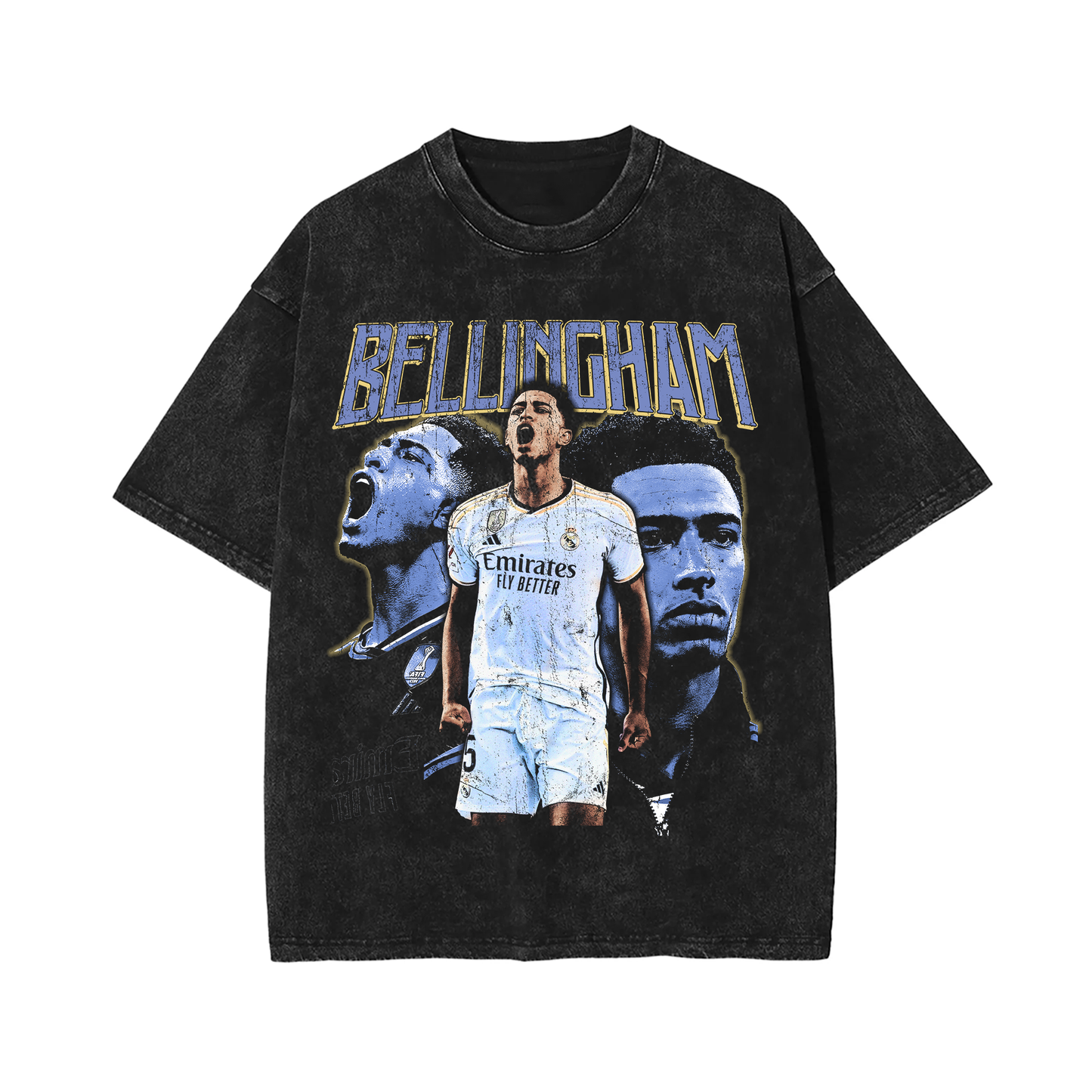 A vintage wash, oversized black tee featuring a bold graphic of Jude Bellingham, with three images of the soccer star in various poses, overlaid with his name in large, yellow and blue text. The shirt has a drop shoulder design and washed texture for a streetwear aesthetic.