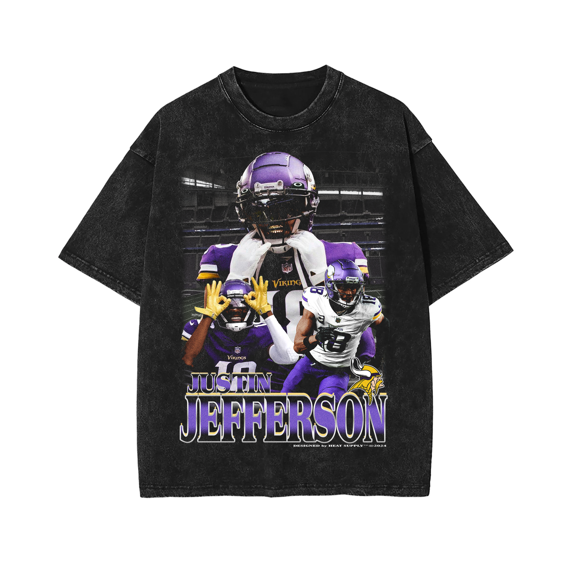 A black oversized t-shirt featuring a design of Justin Jefferson, the star wide receiver for the Minnesota Vikings, in various action poses. The front of the shirt showcases multiple images of Jefferson, including one with his helmet and grill, along with his name in bold letters and the Vikings logo.