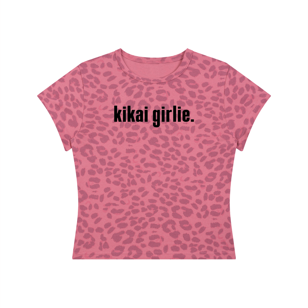Women's fitted pink baby tee featuring an all-over dark pink leopard print pattern and bold black "kikay girlie." lettering centered across the chest, with short sleeves and a classic crew neckline.