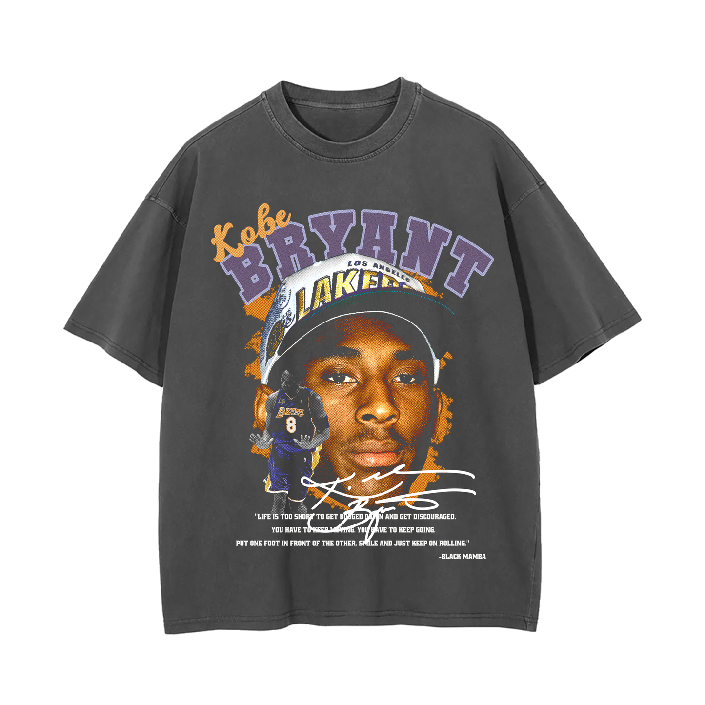 A vintage-style oversized tee featuring a bold graphic of Kobe Bryant during his rookie years with the Los Angeles Lakers. The shirt showcases a large image of Kobe wearing a Lakers cap, with an additional smaller image of him in his #8 jersey. Below the graphic is Kobe's signature and an inspirational quote from him. The shirt is acid-washed black, has a loose, drop-shoulder fit, and is made from 100% cotton. Perfect for basketball fans and collectors.