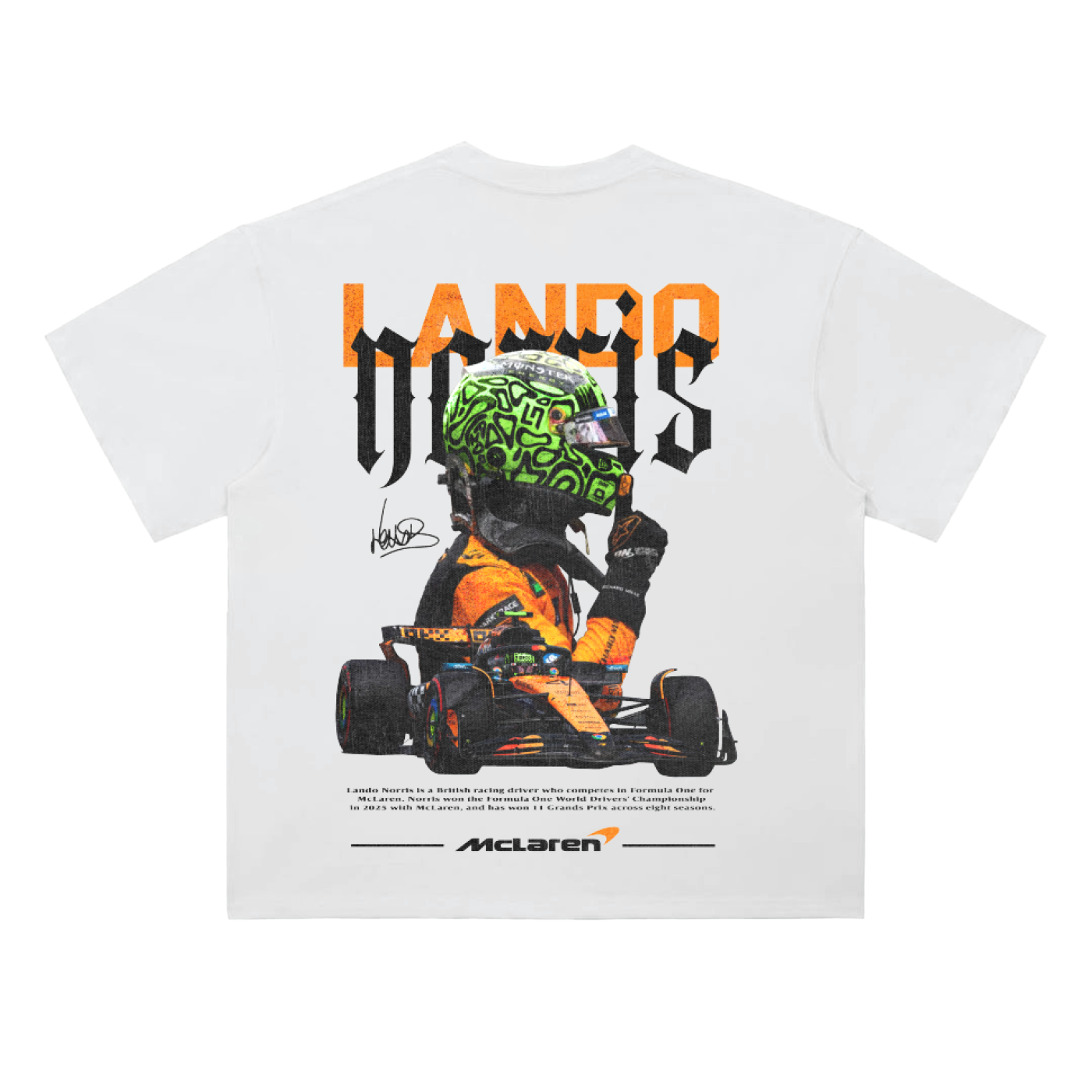 White oversized drop-shoulder T-shirt with bold “LANDO NORRIS” typography above a racing driver graphic and McLaren Formula 1 car illustration.
