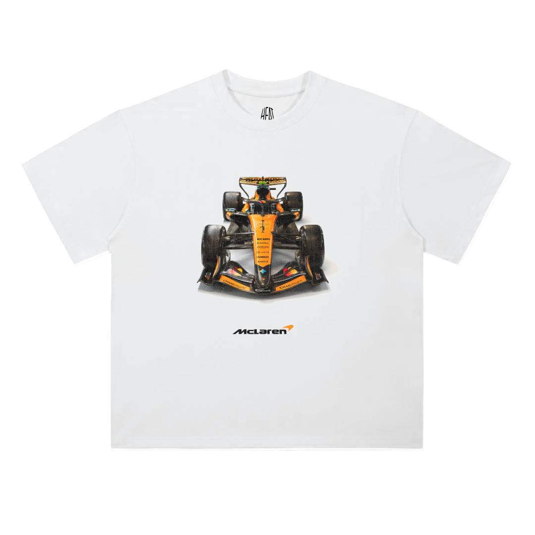 White oversized cotton T-shirt featuring a detailed front view graphic of a McLaren Formula 1 racecar with McLaren text below.