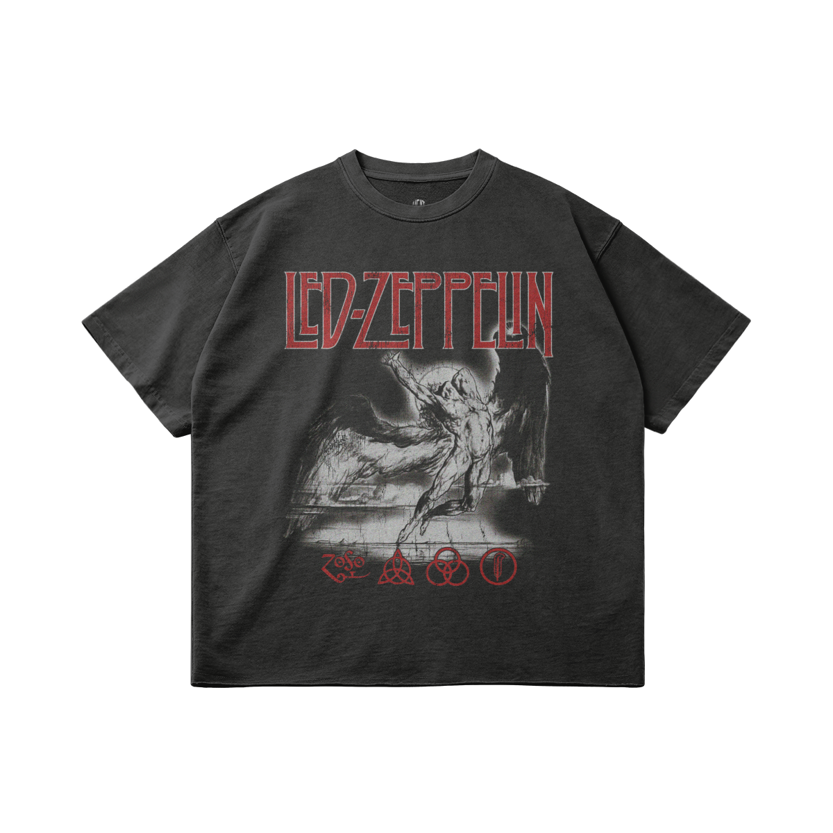  A vintage-inspired Led Zeppelin oversized black T-shirt with a raw hem, featuring a bold graphic of an angelic figure in a distressed design. The tee has drop shoulders, a ribbed crew neck, and a washed-out look, giving it a worn, retro style. Made from 100% combed cotton, it offers a soft and breathable feel. Iconic Led Zeppelin symbols are displayed below the graphic in red.