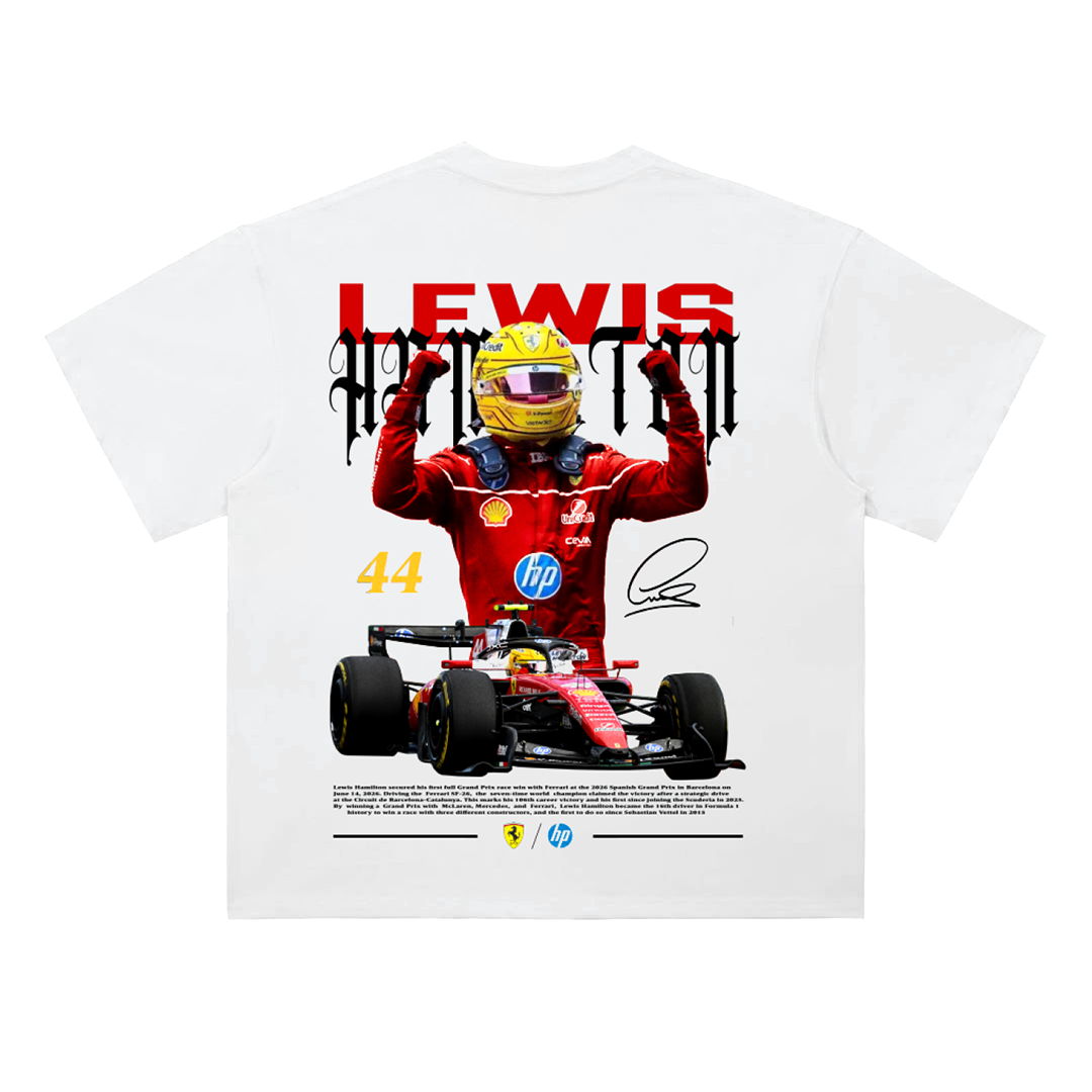 Lewis Hamilton Ferrari Formula 1 heavyweight t-shirt featuring Ferrari race suit, SF-25 race car artwork, racing graphics, and signature-inspired design.