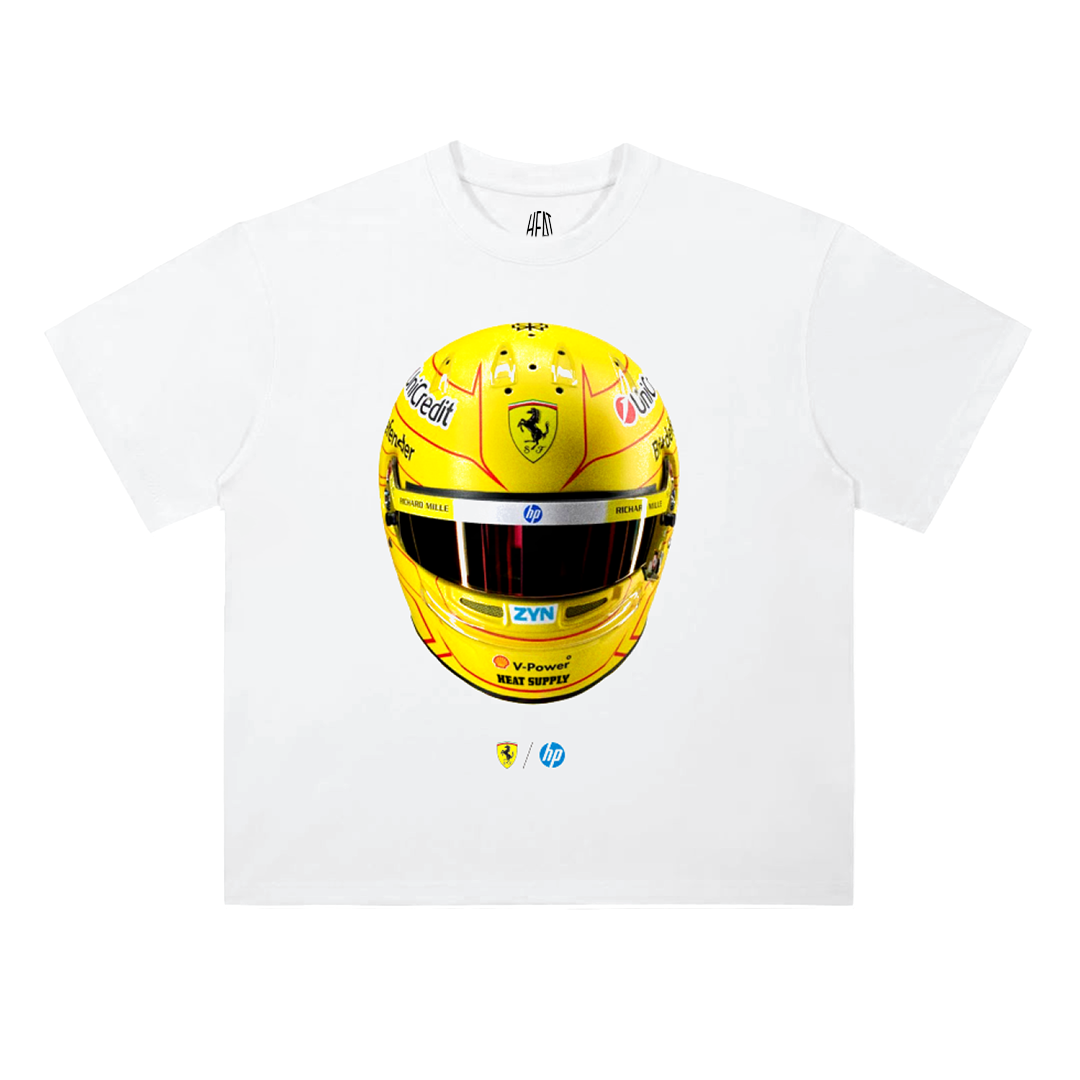 Lewis Hamilton Ferrari helmet heavyweight t-shirt featuring iconic yellow Ferrari racing helmet graphic on premium drop shoulder cotton tee.