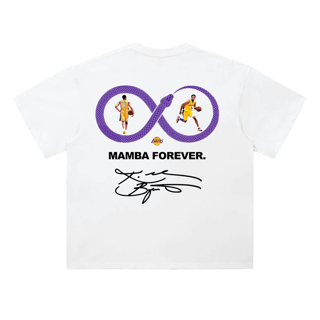 White heavyweight standard-fit cotton T-shirt featuring a large purple infinity snake graphic on the back with two images of Kobe Bryant inside the loops, "Mamba Forever" text, Lakers logo, and Kobe-inspired signature graphic, symbolizing the everlasting legacy of the Black Mamba.