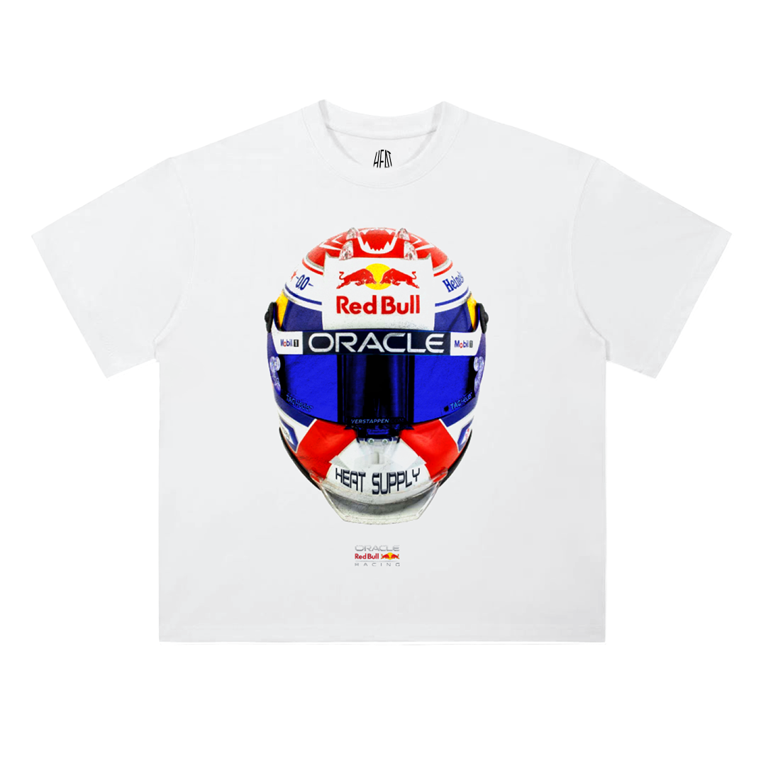Heavyweight white Max Verstappen graphic t-shirt featuring a detailed Red Bull Racing helmet graphic on the front and a large Formula 1 race-inspired Max Verstappen design on the back with racing car artwork and championship-themed typography.
