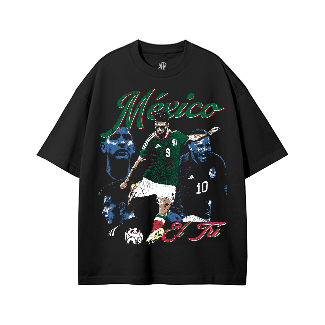 Black oversized Mexico soccer graphic t-shirt featuring vintage El Tri artwork with multiple Mexico national team player graphics, retro green-and-red typography, and classic football-inspired streetwear styling.