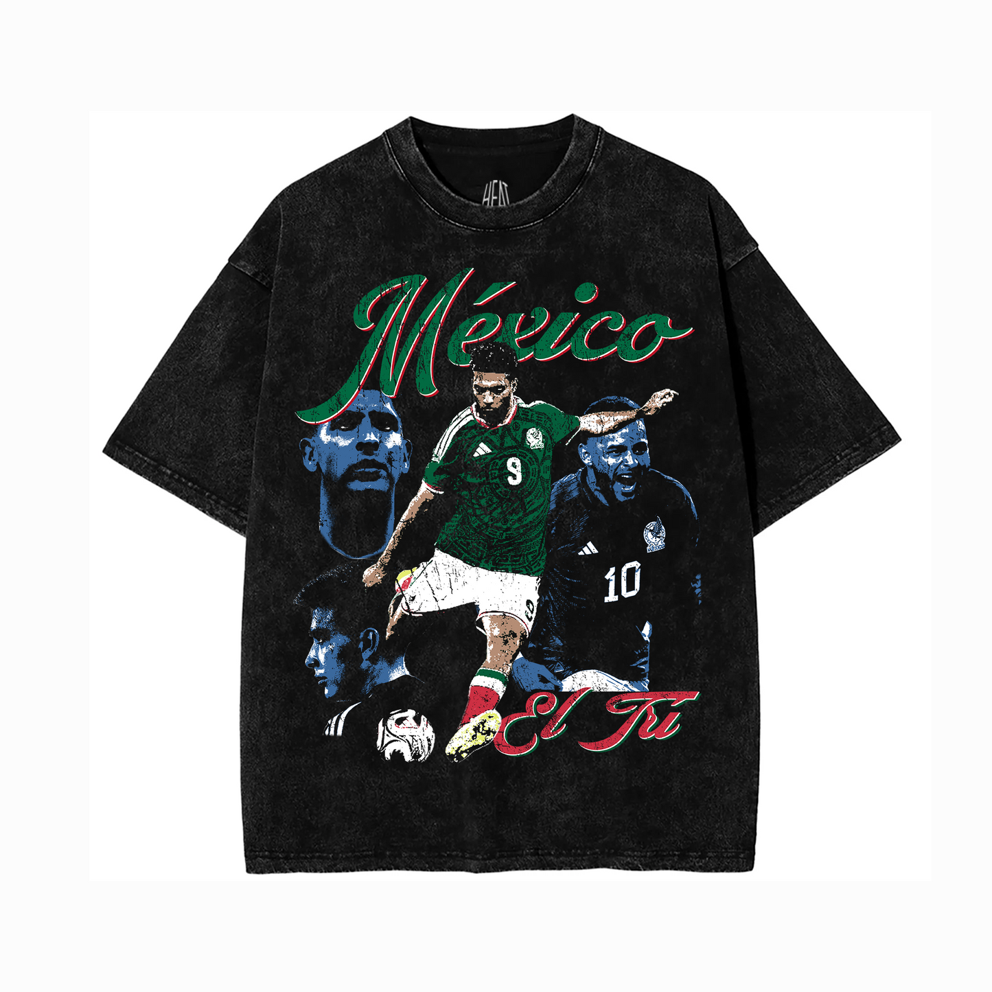 Acid washed oversized Mexico soccer graphic t-shirt featuring vintage El Tri artwork with multiple Mexico national team player graphics, retro green-and-red typography, and classic football-inspired streetwear styling.