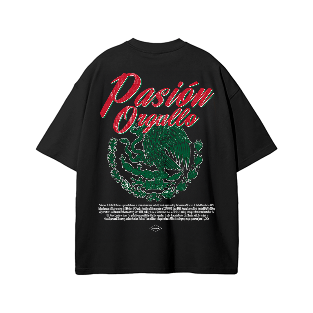 Black heavyweight Mexico football t-shirt featuring large “Pasión Orgullo” typography layered over a vintage Mexican eagle crest graphic with retro Selección Mexicana inspired artwork on the back.
