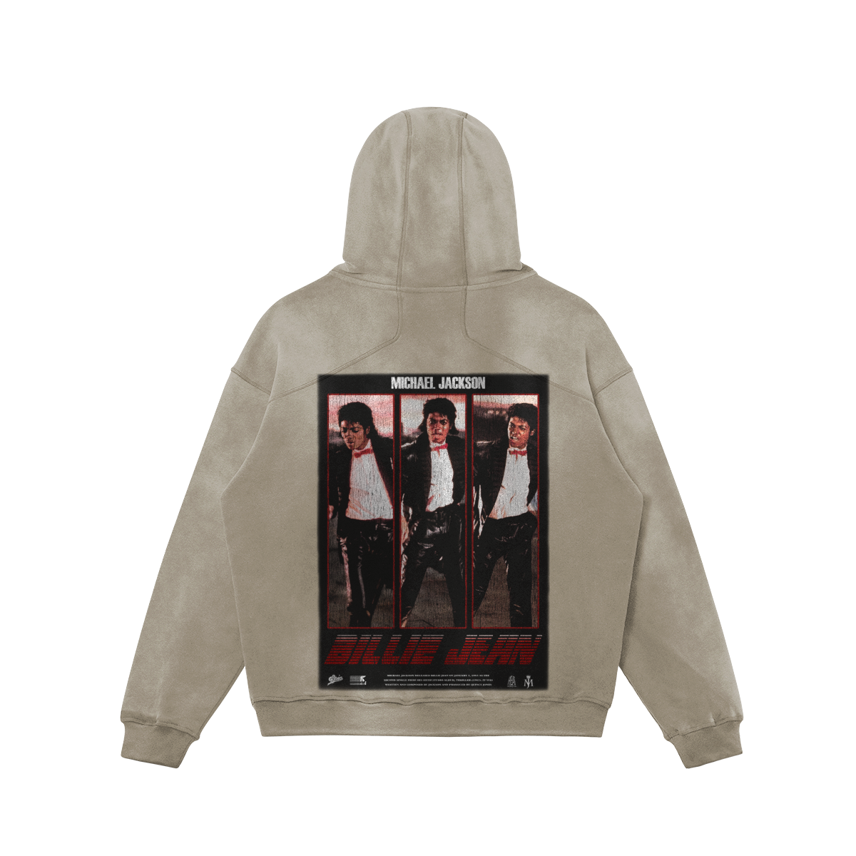 A heavyweight hoodie in a neutral beige color featuring a large graphic on the back. The graphic displays three images of Michael Jackson from his "Billie Jean" music video, with his name in white text above and the words "Billie Jean" in bold red letters at the bottom. The images are framed in black with a vintage aesthetic.