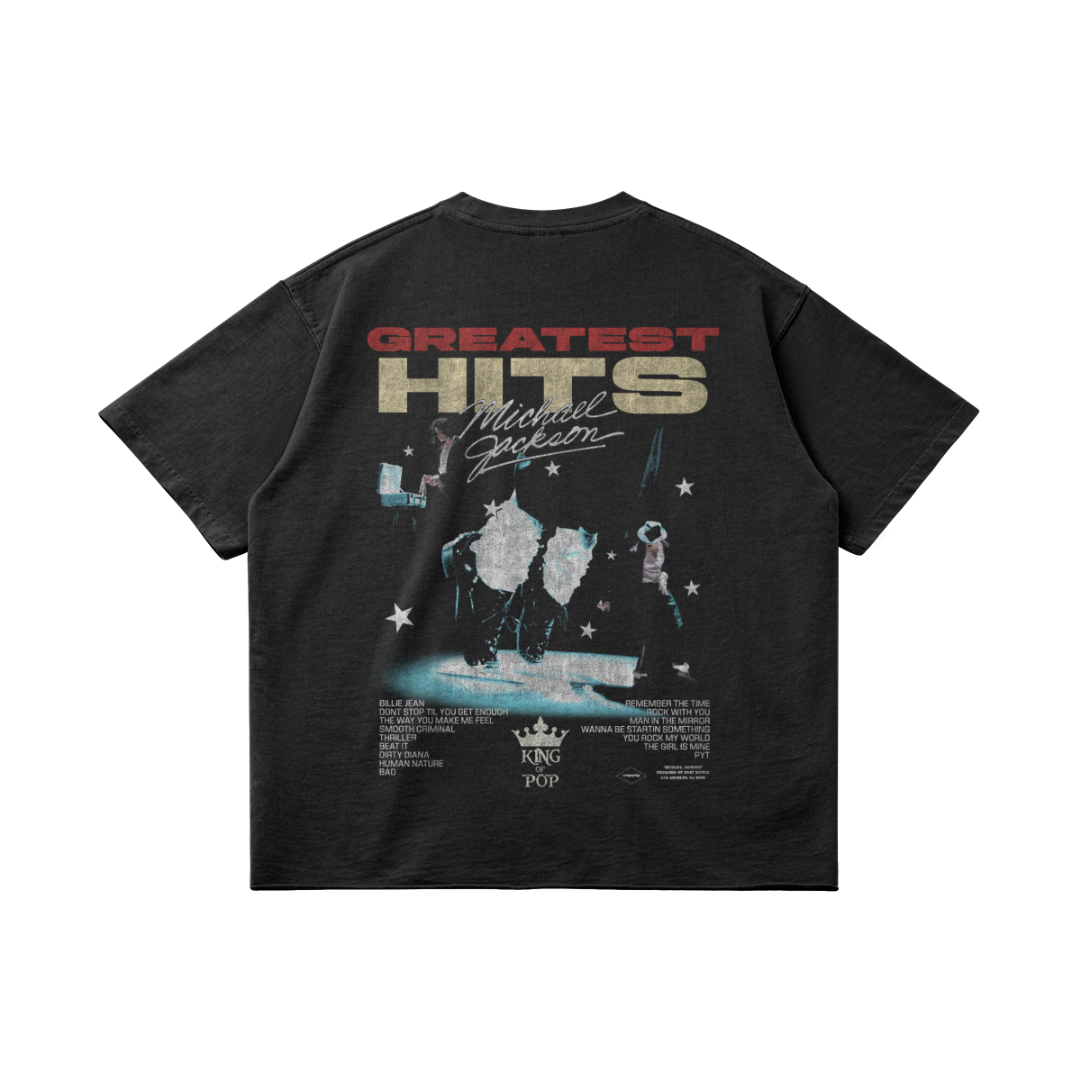 Black oversized distressed T-shirt with “GREATEST HITS Michael Jackson” text, performance imagery, stars, song titles, and a “King of Pop” graphic on the back.