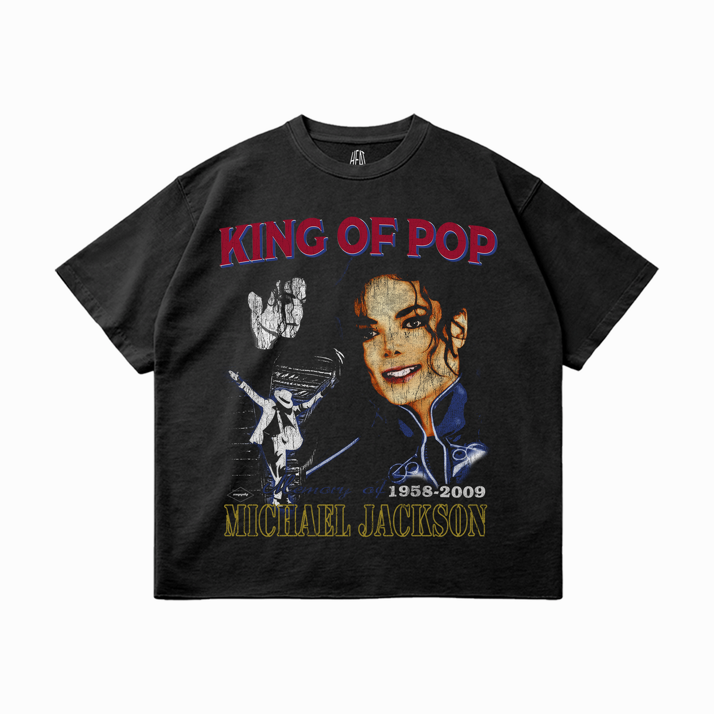 Black oversized unisex t-shirt featuring a distressed graphic collage of Michael Jackson with “KING OF POP” in red, a portrait of MJ, silhouette performance shots, and the text “In memory of 1958–2009” and “MICHAEL JACKSON” in gold below.