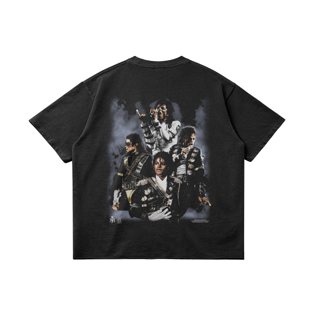 The back of a black oversized t-shirt showcasing a collage of four images of Michael Jackson performing during his "Bad" era, capturing different moments from his concerts.