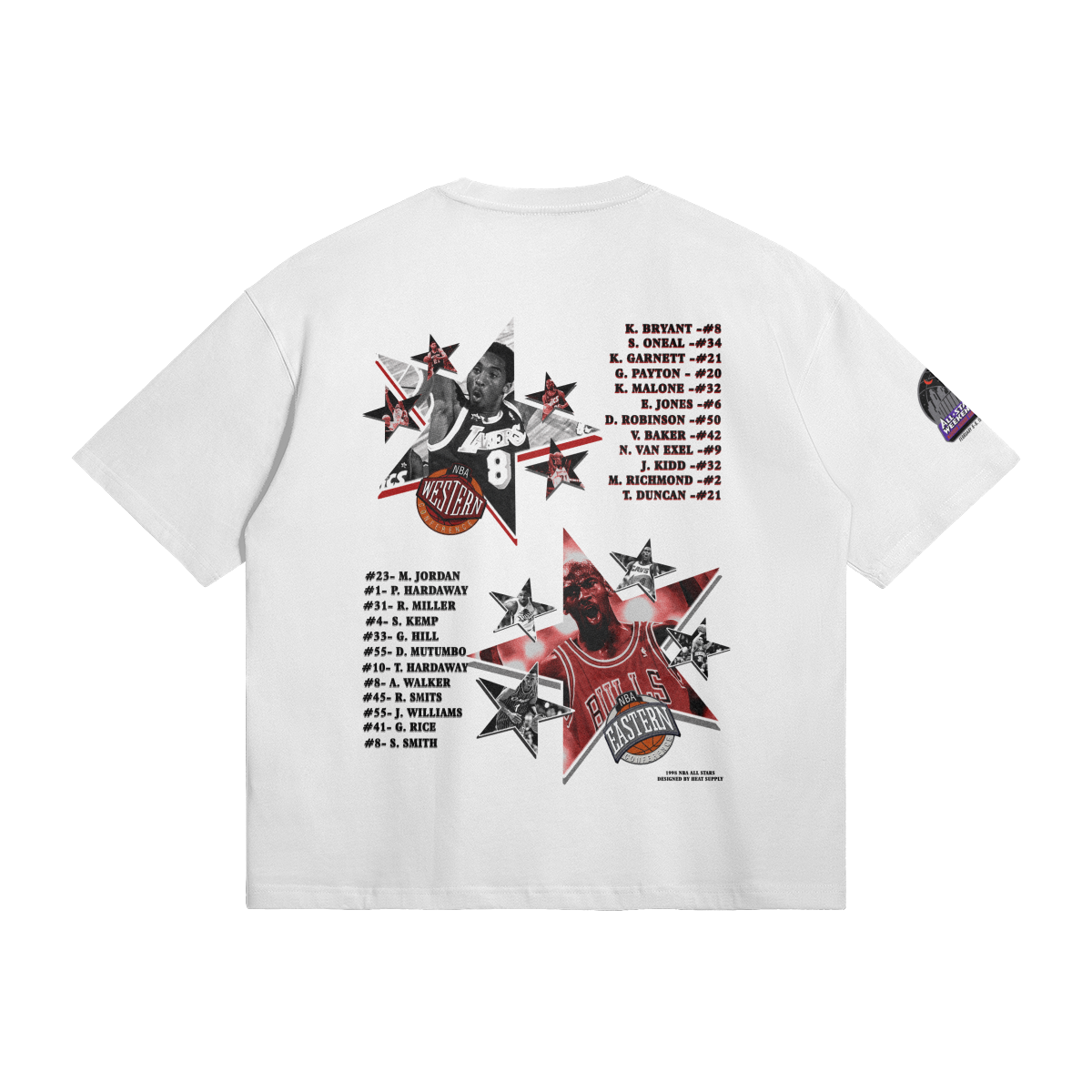 The back of the same T-shirt displays a detailed design with star patterns containing images of Kobe Bryant and Michael Jordan. The shirt lists several prominent NBA players, their numbers, and respective teams, forming a stylish tribute to basketball legends from the Eastern and Western conferences.