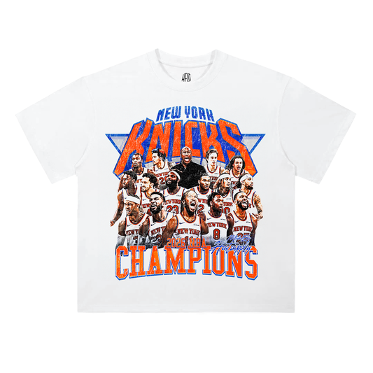 New York Knicks NBA Champions 2026 heavyweight t-shirt featuring full Knicks roster artwork, championship graphics, and vintage-inspired basketball design.