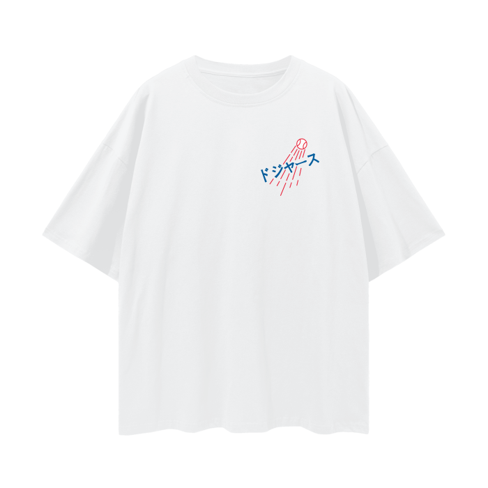 A white oversized t-shirt with a minimalist design on the front left chest, featuring a small red and blue graphic of a baseball and Japanese text that translates to "Dodgers.