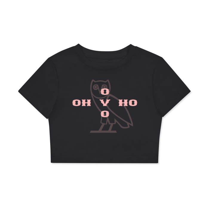 A black cropped t-shirt featuring a minimalist owl design in the center, with the text "OH V HO" arranged in a cross pattern using pink letters