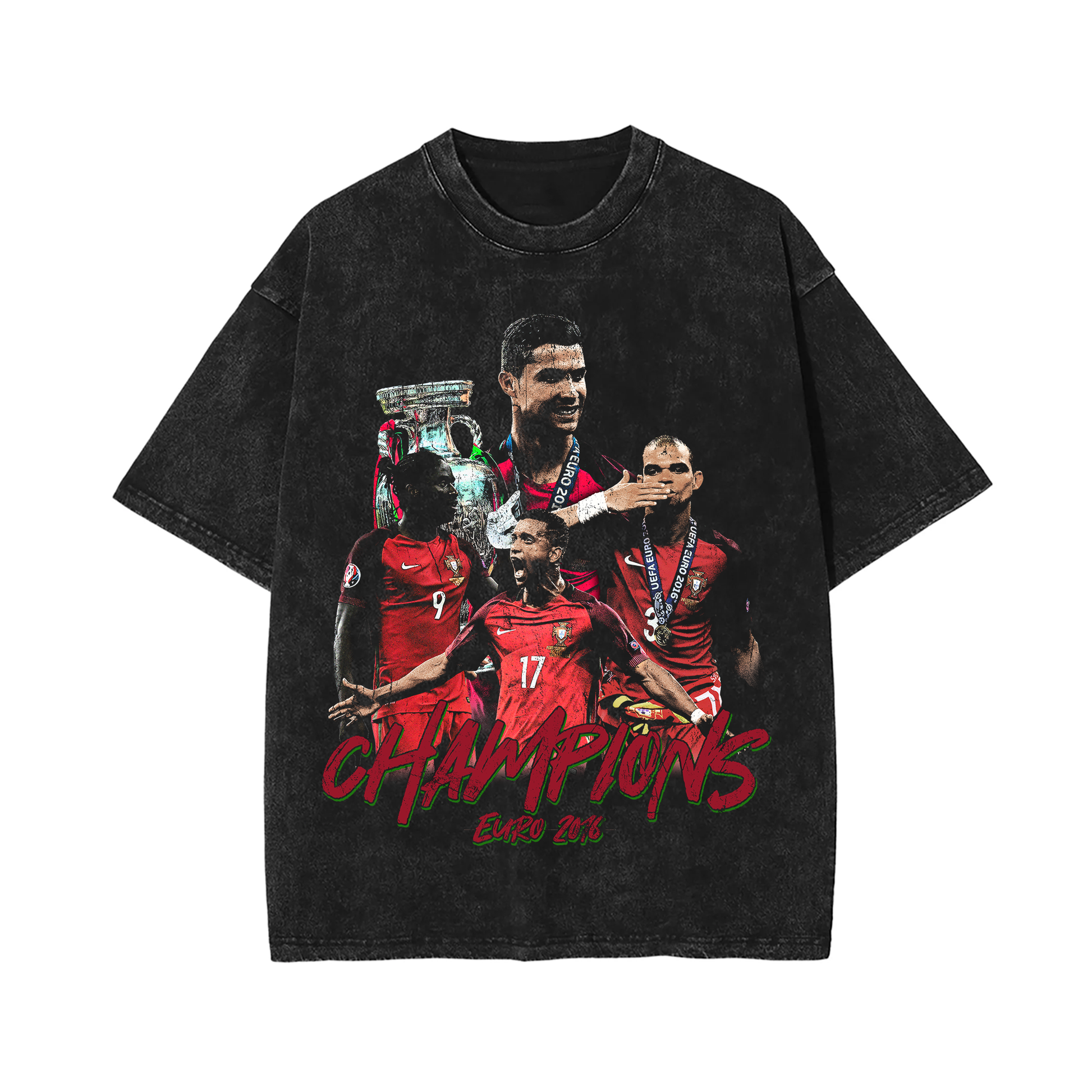 A vintage acid-washed black T-shirt featuring Portugal's Euro 2016 soccer champions, including Cristiano Ronaldo. The front displays the word "Champions" in bold red text, with key players holding the trophy. The shirt has a drop-shoulder, oversized fit with a worn-in streetwear vibe.