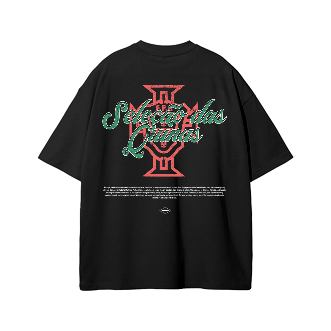 Black Portugal football t-shirt featuring large “Seleção das Quinas” typography layered over a vintage Portugal crest graphic with retro national team inspired artwork on the back.