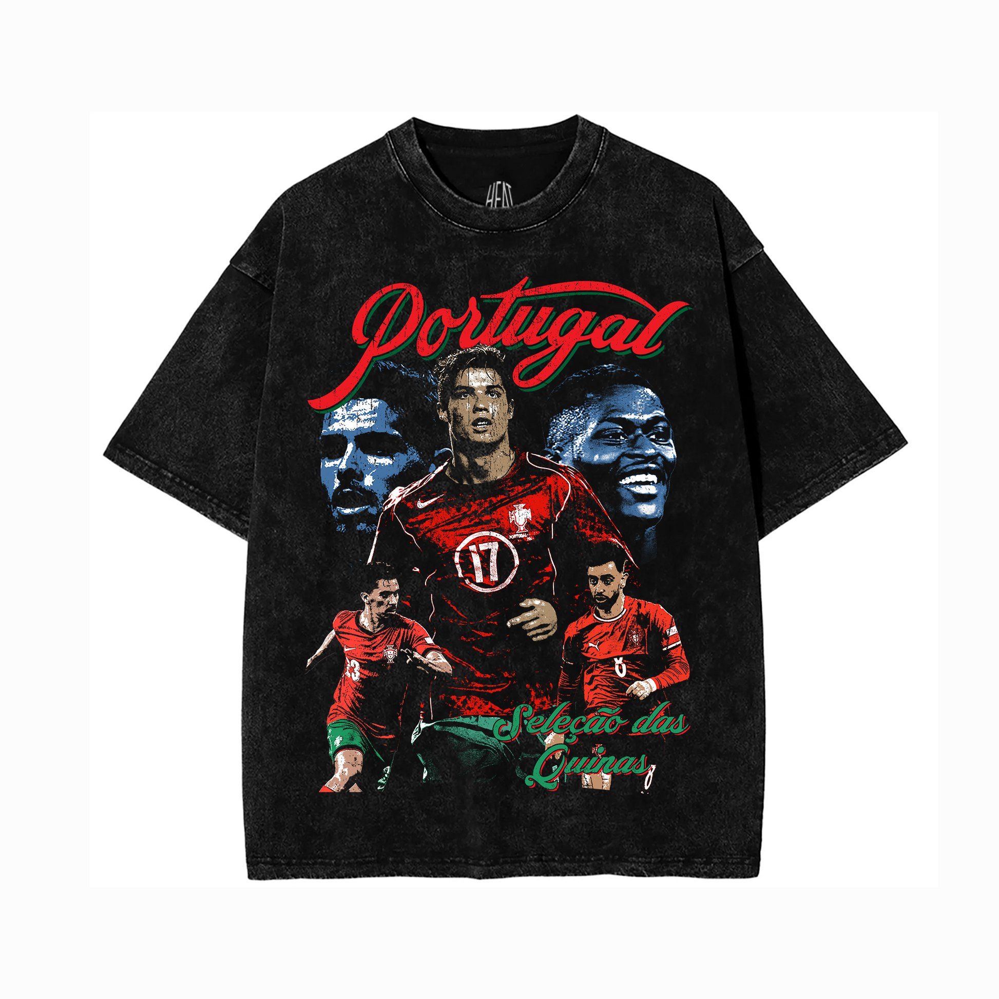 Acid washed oversized Portugal soccer graphic t-shirt featuring vintage Cristiano Ronaldo inspired artwork, retro Portugal football graphics, and green-and-red Seleção das Quinas typography on a snow washed heavyweight tee.