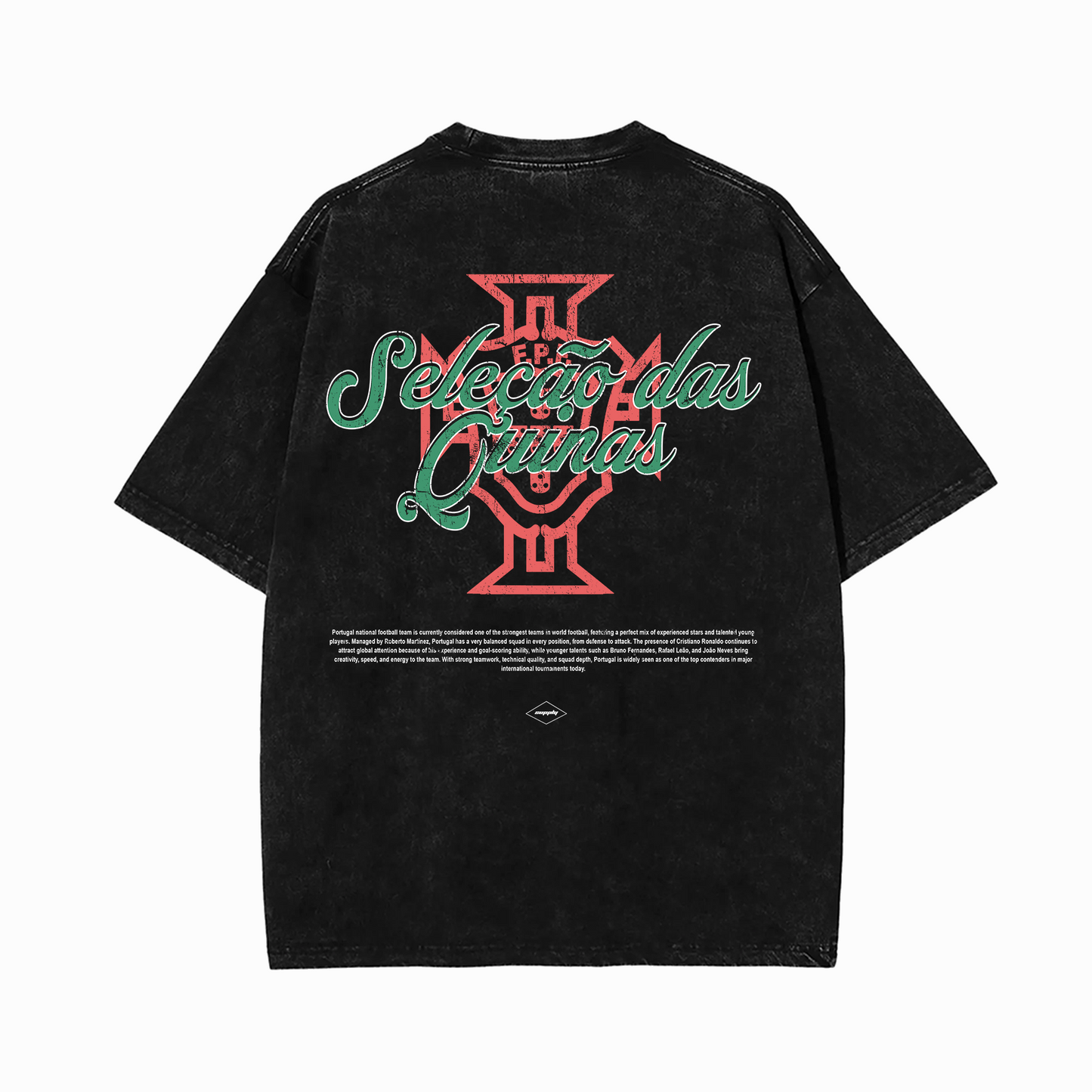 Black washed Portugal football t-shirt featuring large “Seleção das Quinas” typography layered over a vintage Portugal crest graphic with retro national team inspired artwork on the back.
