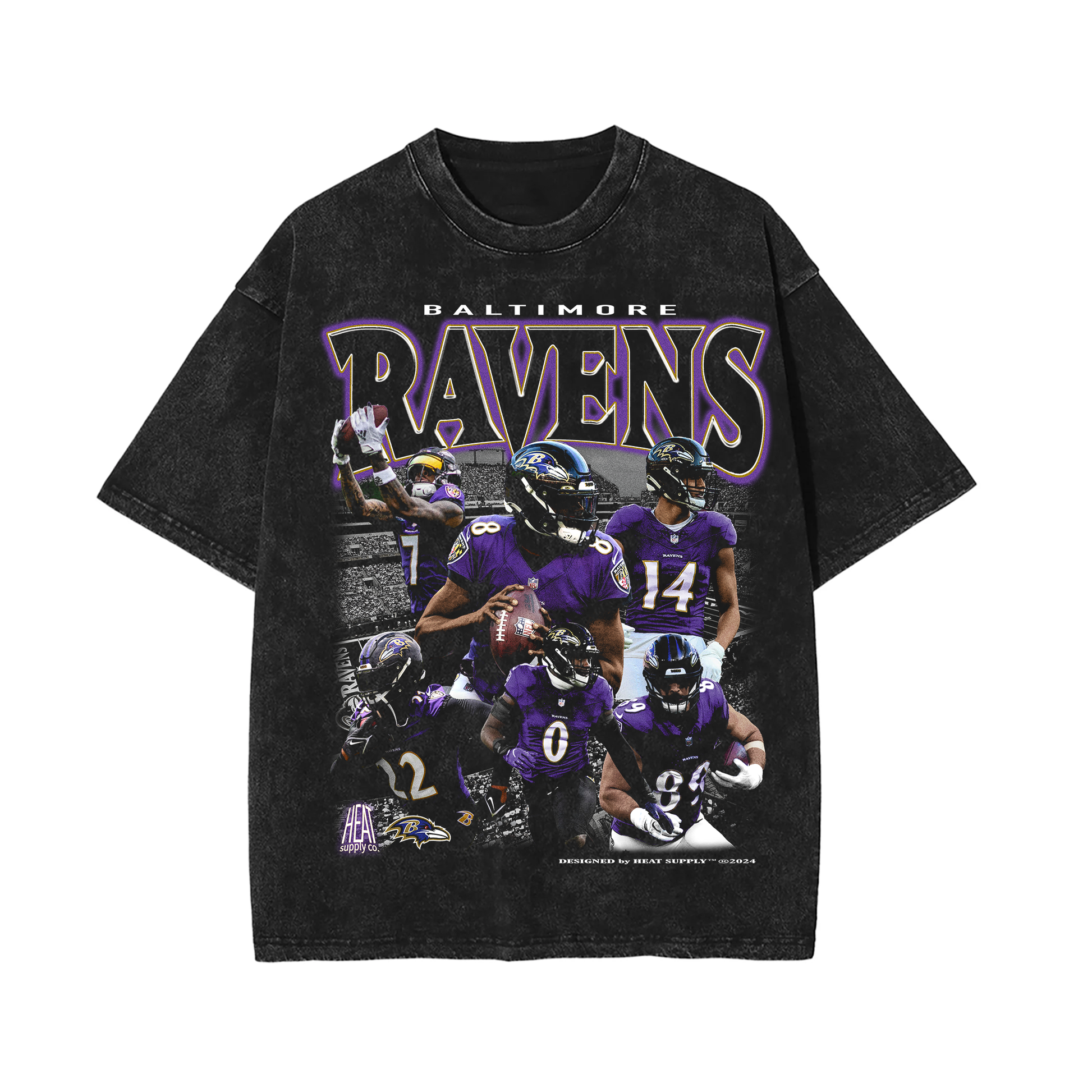 Black heavyweight Baltimore Ravens vintage washed tee featuring bold, graphic prints of Ravens players in action. This unisex, loose-fit tee offers a drop shoulder design for a relaxed fit, perfect for casual wear while showcasing your NFL team pride.