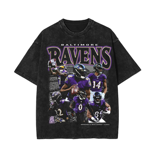 Black heavyweight Baltimore Ravens vintage washed tee featuring bold, graphic prints of Ravens players in action. This unisex, loose-fit tee offers a drop shoulder design for a relaxed fit, perfect for casual wear while showcasing your NFL team pride.