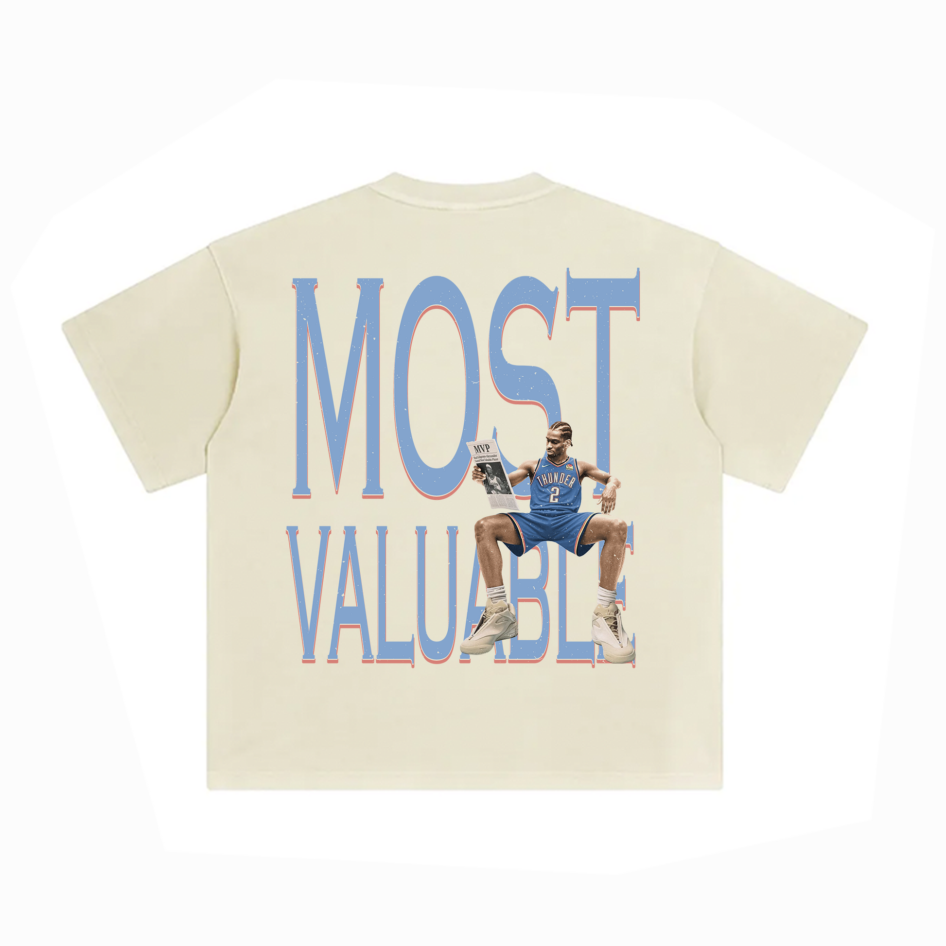 Cream-colored oversized unisex t-shirt featuring large text “MOST VALUABLE” in blue and red with an image of SGA sitting down reading an MVP newspaper in an OKC Thunder uniform.