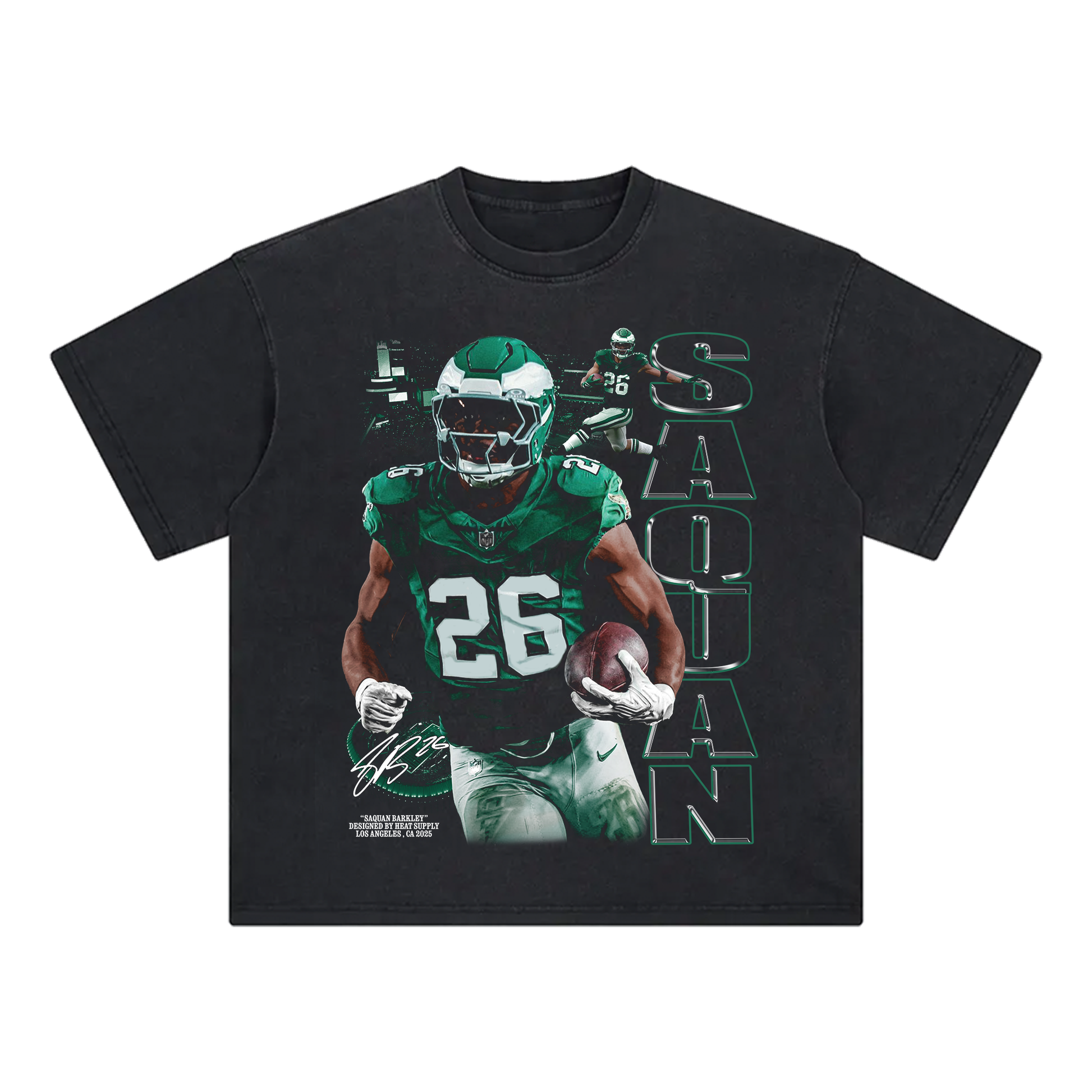 Black washed oversized T-shirt featuring a bold graphic of Saquon Barkley in a Philadelphia Eagles uniform, running with the football. The number 26 is displayed on his jersey, with his name 'Saquon' written vertically in bold green text alongside action shots of him in the background. The design includes a signature-style text and high-energy elements.